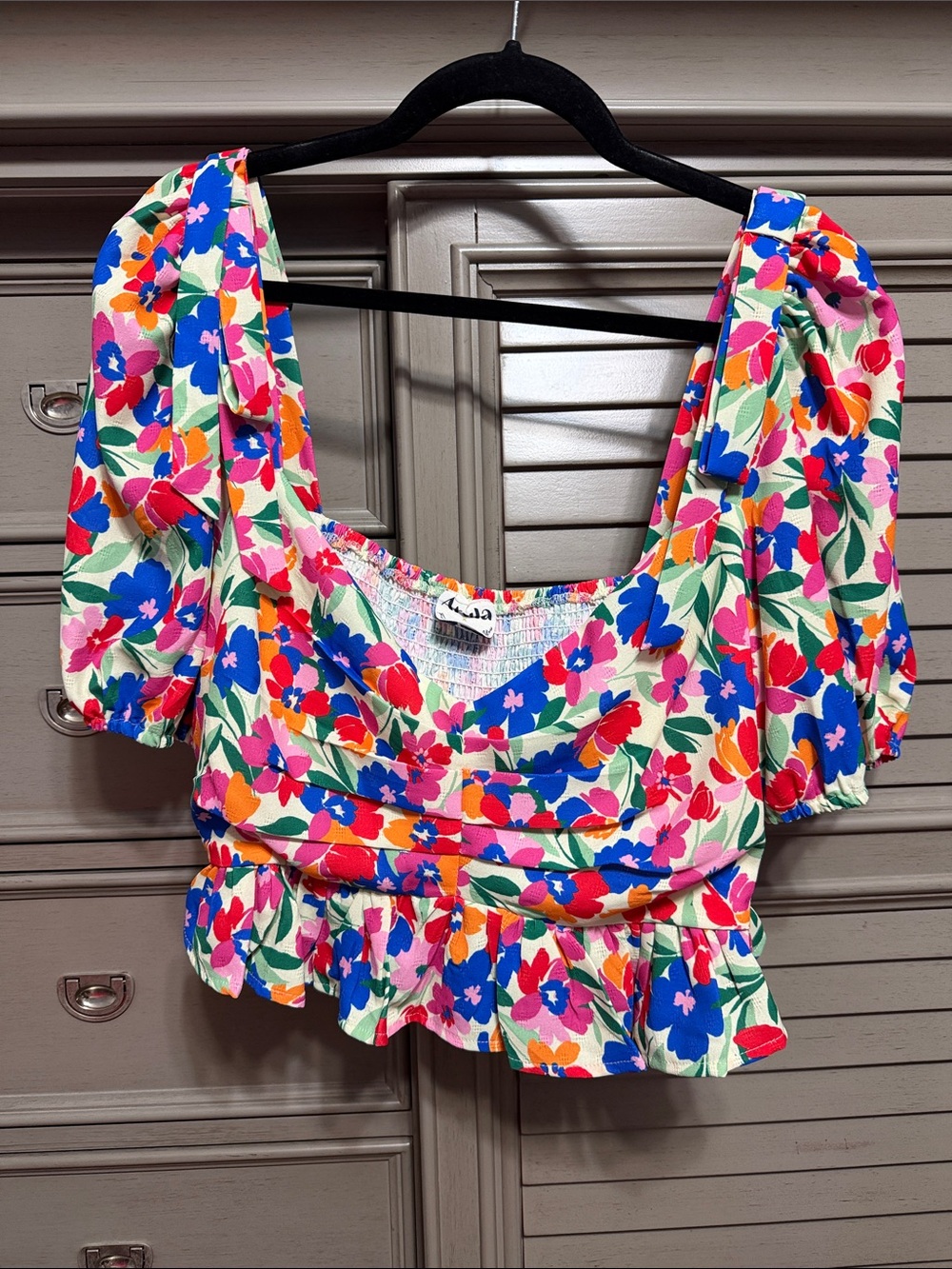Arula- Floral Peplum Puff-Sleeve Crop Top - Multicolor